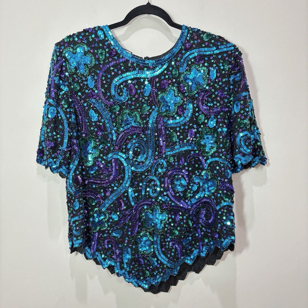 VTG Laurence Kazar Sequin Top 2X Silk Blue Green 80s Sparkle Party Mardi Gras